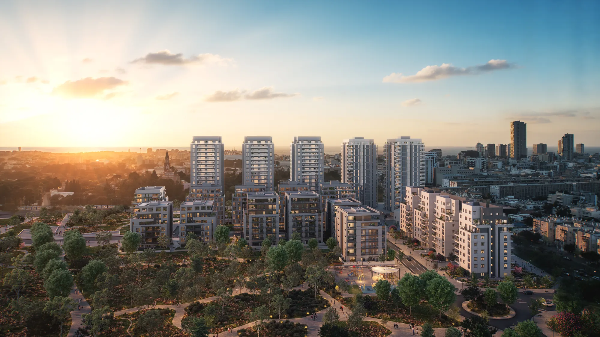 השכונה והפארק ממעוף הציפור בשקיעה